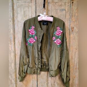Olive Green Satin Bomber Jacket With Rose Applique